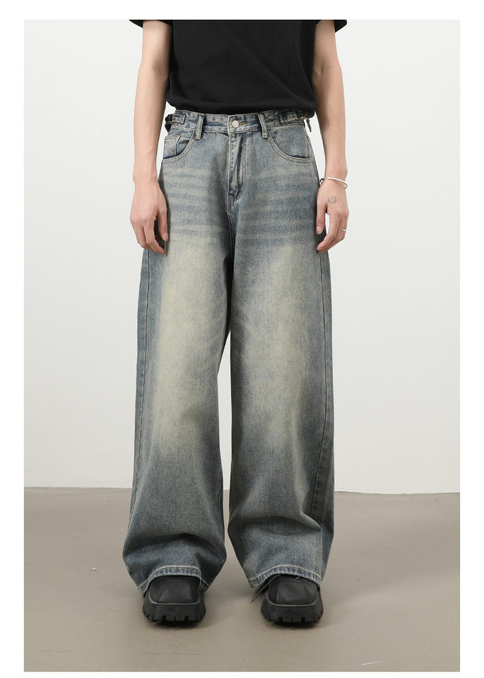 Quần jeans nam ống rộng dáng thẳng phong cách retro, chất denim cotton thoải mái — màu xanh chi tiết 4