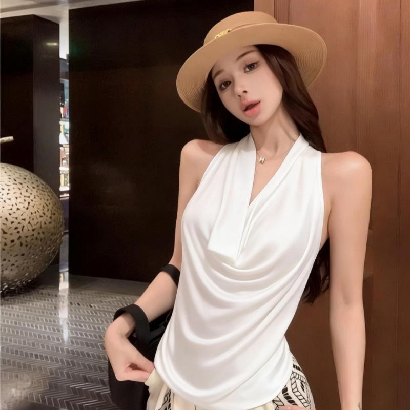 10188 # Summer Korean-Style Halter Neck Tank Top for Women, Sleeveless, Slim Fit, Backless, Integrated with Chest Pads