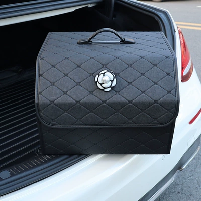 Leather Folding Car Multifunctional | Car storage bag/box - white-pearl-fabric-flower-large-size-black