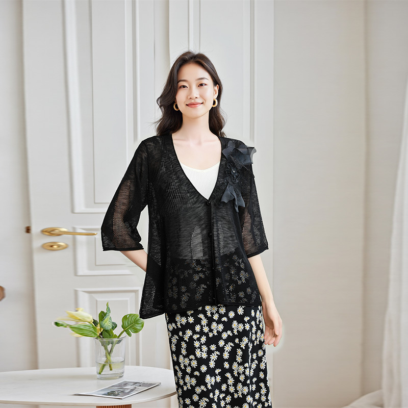 Lace Linen Knit 2025 Spring and Autumn Quarter-Sleeve Mid-Length Thin Outerwear Sun Protection Air-Conditioning Shirt Jacket Sweater for Women