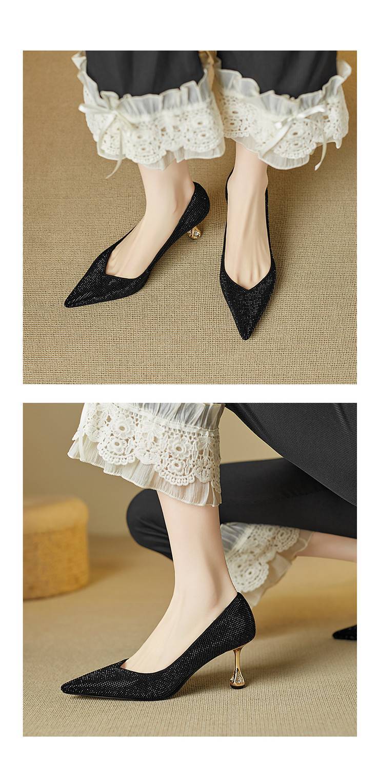Giày cao gót nữ mũi nhọn gót 9 cm pha lê lấp lánh màu sâm panh — Màu đen chi tiết 9