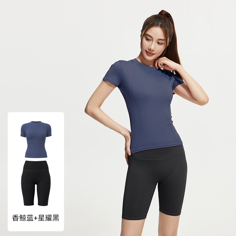 Juyi Tang verano yoga camisa de mangas cortas para mujeres delgada secado rápido y transpirable ajuste deportivo para correr y fitness set