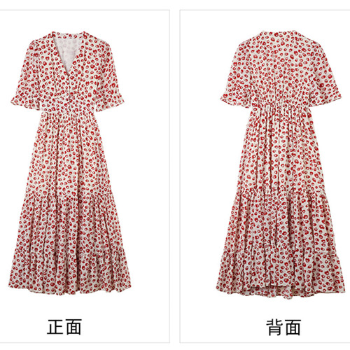 Spring, summer and autumn 2024 new trumpet short-sleeved chiffon polka dot floral high-waist slim long skirt dress long style for women