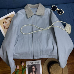 Benes Island Simple Contrast Lapel Large Pocket Casual Short Workwear Jacket Blue Loose All-match