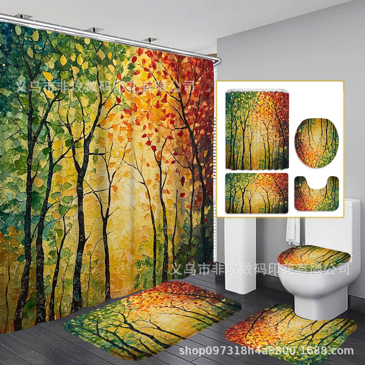 Fabricantes de fuente transfronteriza de comercio exterior cortina de baño de impresión paisajística cuatro piezas de baño cortina de baño impermeable antideslizante conjunto personalizado