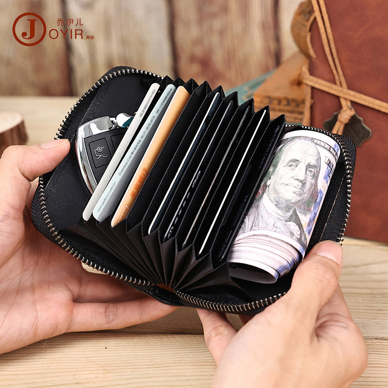 植鞣皮风琴卡包rfid多卡位带现金位零钱包证件包11卡位真皮卡包男