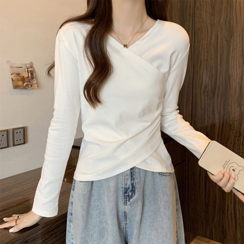 大码不规则正肩恤长袖女秋季设计感小众胖遮肚子显瘦短款内搭上衣|undefined