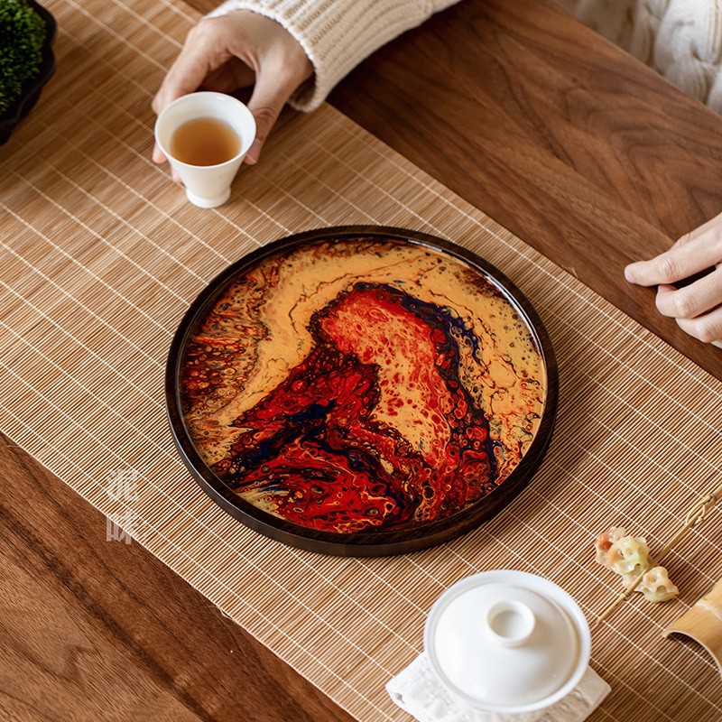 Kung fu bandeja de té bandeja de resina redonda de madera maciza imitación gran pintura mesa de té bandeja de madera simple bandeja de fruta bandeja de aislamiento
