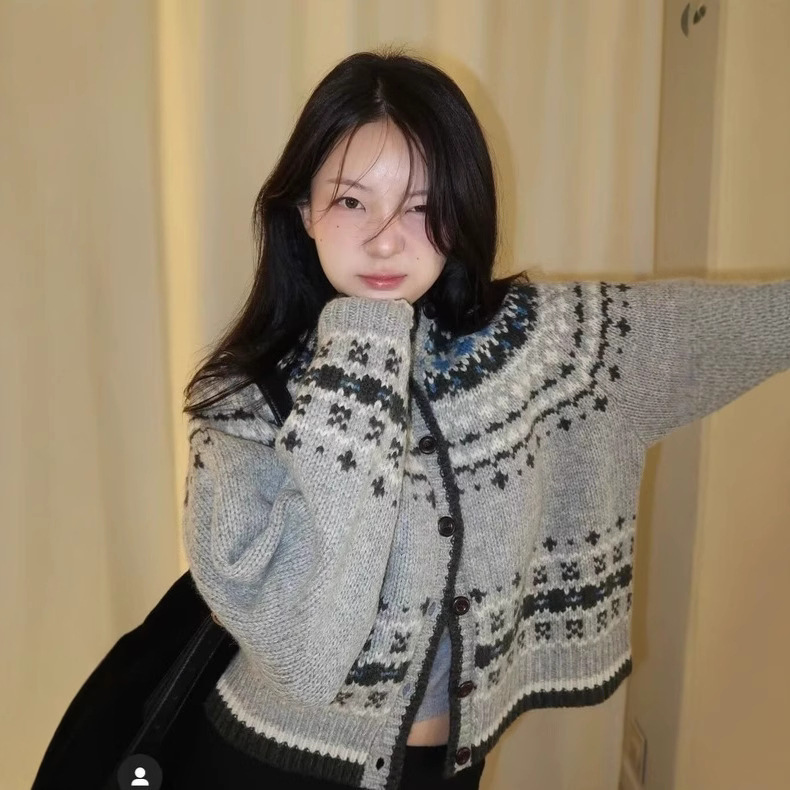 In Stock 2025 Winter New Korean Dongdaemun Hooded Jacquard Knitted Cardigan Fair Isle Sweater