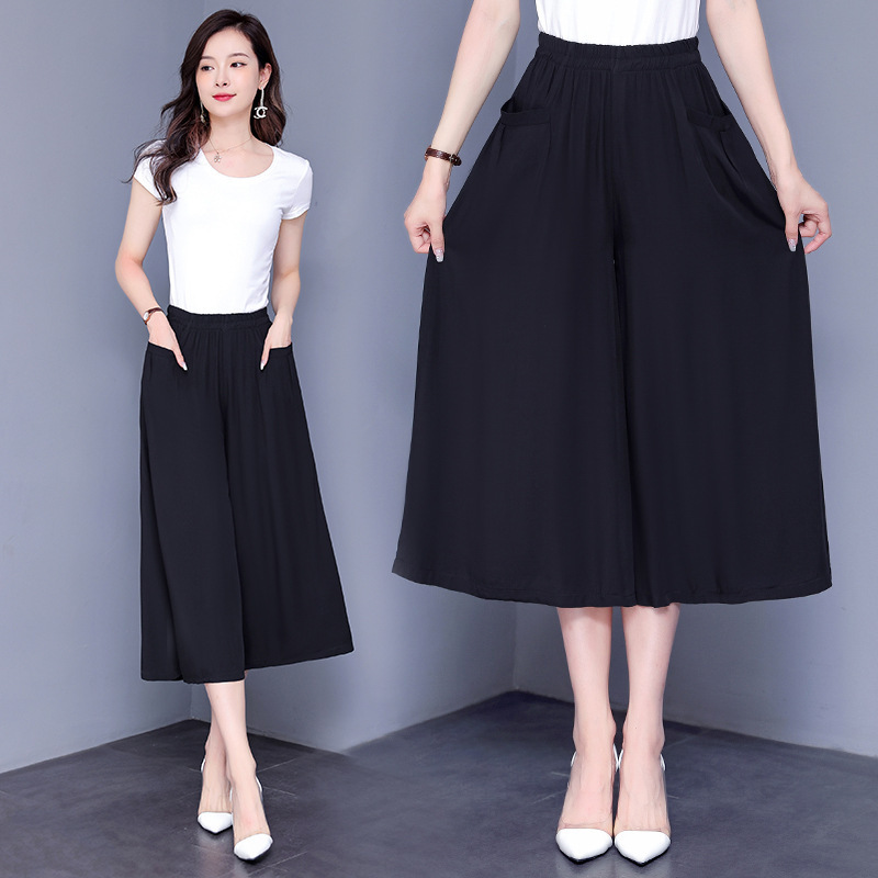 Women's Summer Thin Cotton Silk Wide-Leg Pants Casual Plus-Size Middle-Aged Mom Style Elegant Solid Color Cropped Skirt Pants with Elastic Waist