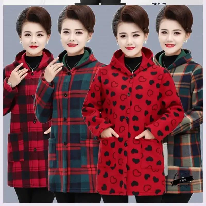 Middle-Aged and Elderly Women's Autumn and Winter Clothing Plus Size Smocks Mother's Clothing Fleece-Lined Thickeneded Outwears Mid-Length Work Smocks