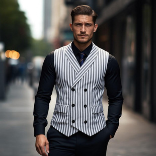 2025 Amazon New European and American Retro Casual Double-Breasted Suit Vest Men's British Business Stripesd Vest