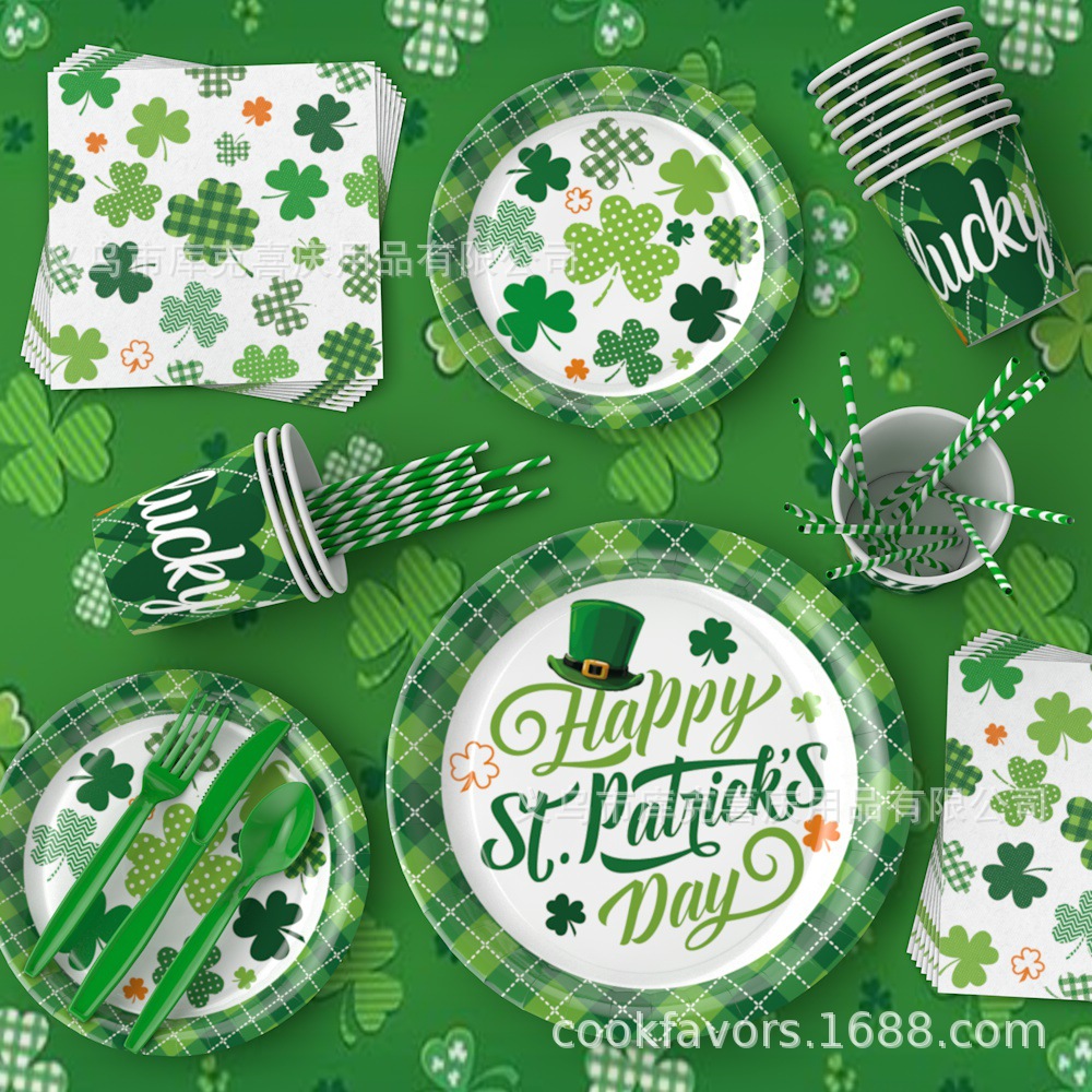 2025 Día de San Patricio decoración de fiesta tema de trébol bandeja de papel desechable vaso de papel toalla de papel juego de vajilla