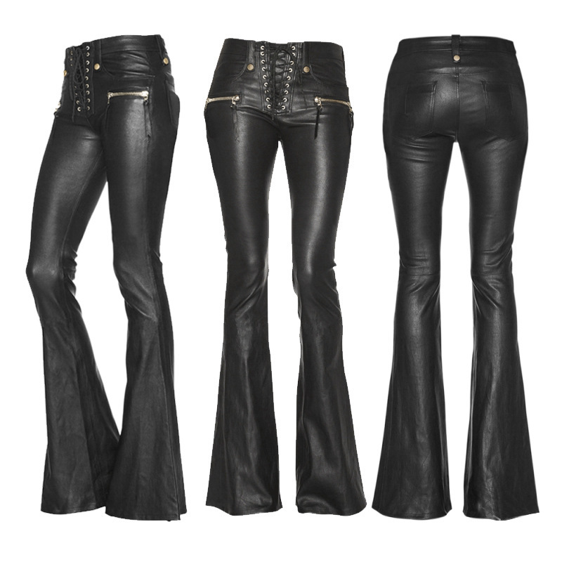 Foreign Trade Cross-border European and American Street PU Leather Zipper Low Waist Sexy Hot Girl Style Tight Strap Trousers
