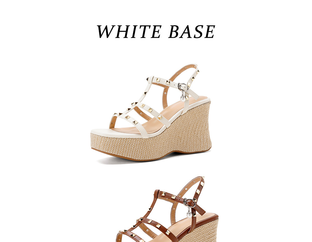 Sandal nữ đế xuồng cao gót phong cách Bohemian, mũi hở, quai đinh tán, đế bánh mì dày — màu nâu, màu đen, màu trắng ngà chi tiết 20