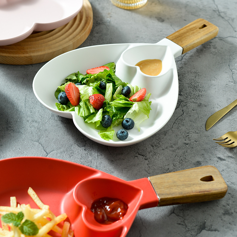 Placa de bola de masa de cerámica hogar Placa de desayuno con plato de vinagre plato de comida occidental Placa de merienda bandeja de cerámica mango de madera