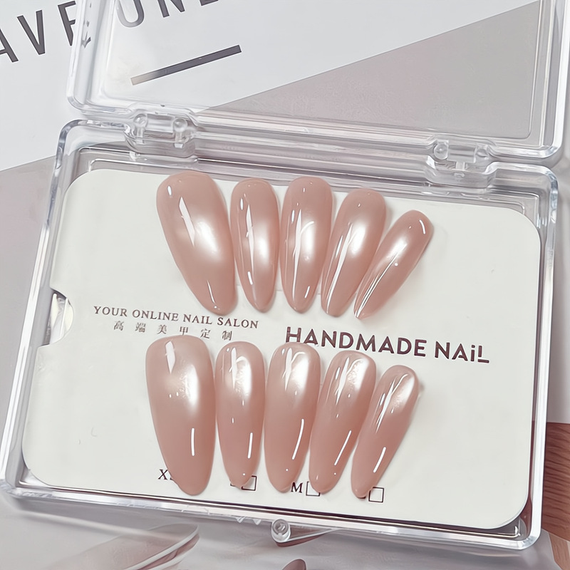 Nude Pink Water-Gloss Gradient Glass Beads Cat-Eye Handmade Manicure Whitening Simple and Gentle Nails Finished Products Can Be Wholesaled