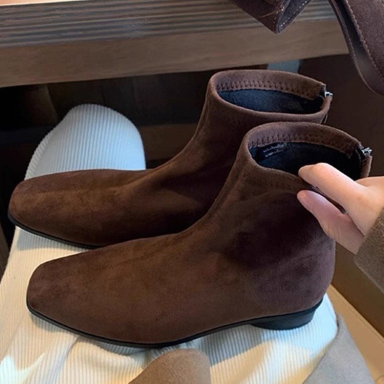 Cowhide Version of Grape-Colored Genuine Leather Square-Toe Martin Boots for Women, Versatile Slim Boots, Autumn and Winter Chelsea Short Boots, Single Boots