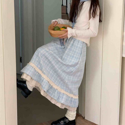 Japanese-style sweet girl lace floral gingham half skirt 2025 autumn winter college style slimming word skirt autumn winter item