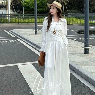 时尚套装女2026夏季新款洋气条纹防晒长袖衬衫吊带阔腿裤三件套潮