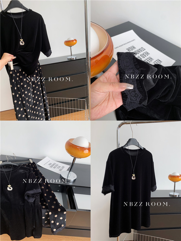 Light Luxury Lace Sleeve Spliced Velvet Mid-Sleeve T-Shirt for Women, Loose Mid-Length Oversized Pullover Top, Trendy Early Spring 2026