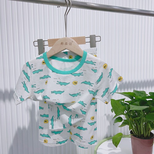 Summer thin air-conditioned clothes, short-sleeved cropped pants suits, children's pajamas suits, boys' and girls' meteor shower cotton home clothes