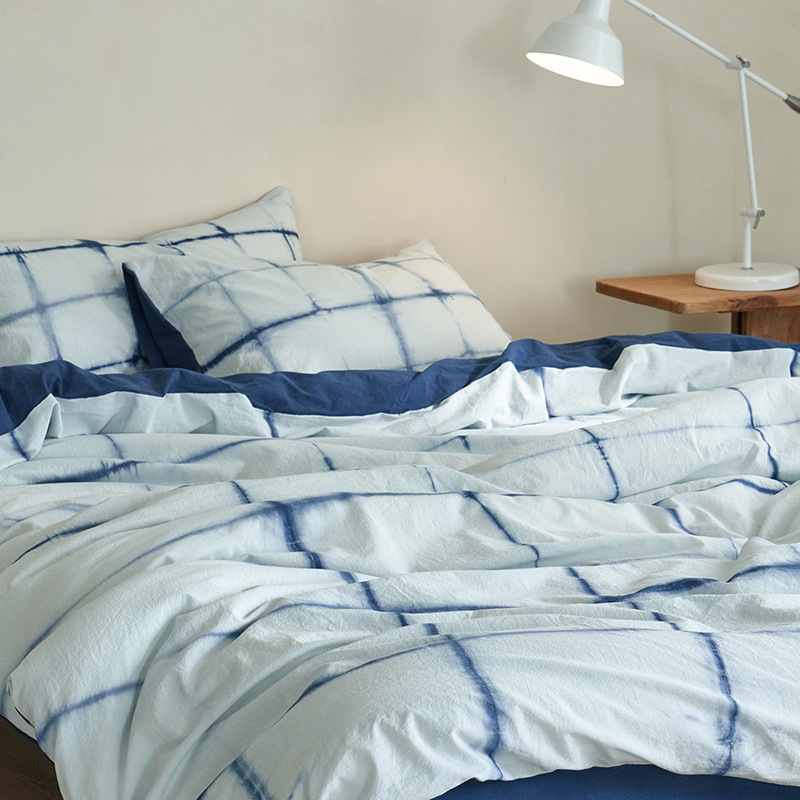 Chinesisches Baumwoll Bettwäscheset Mit Blauem Karomuster_voghion.com