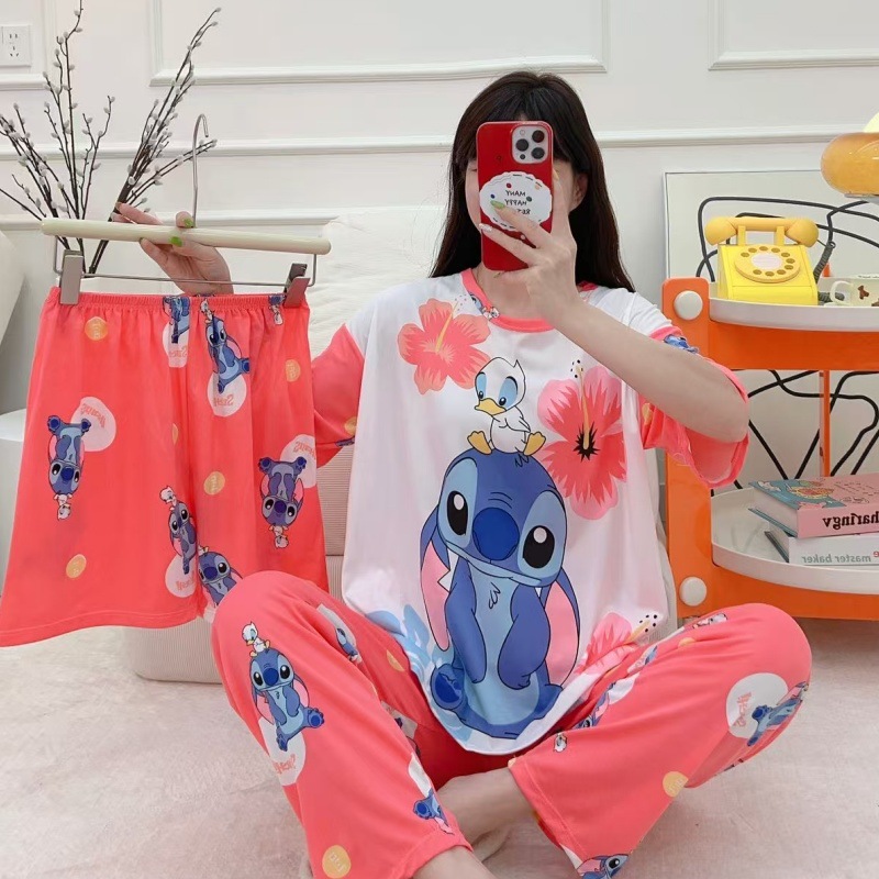 Pijamas de verano transfronterizos pijamas de leche de seda de tres piezas set de dibujos animados comercio exterior ropa para el hogar pantalones de mangas cortas lindos