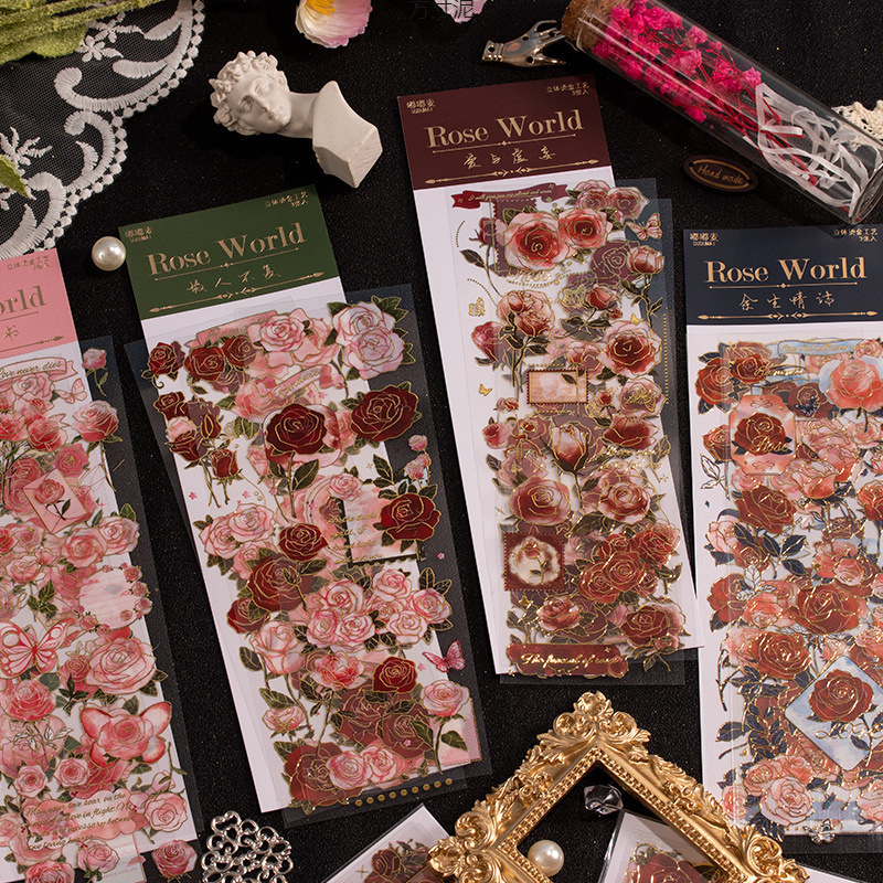 Vintage Rose World PVC Stereo Bronzing Sticker Antique Romantic Flower Hand Account DIY Material Decoration Small Sticker
