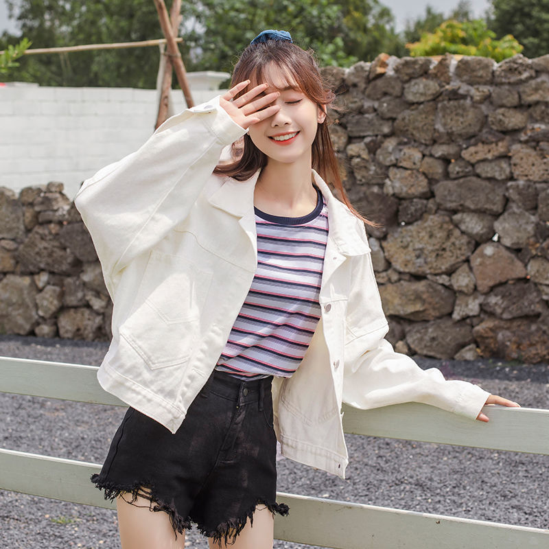 短款白色牛仔外套女春秋季新款宽松韩版棒球服夹克气质上衣短外套|undefined