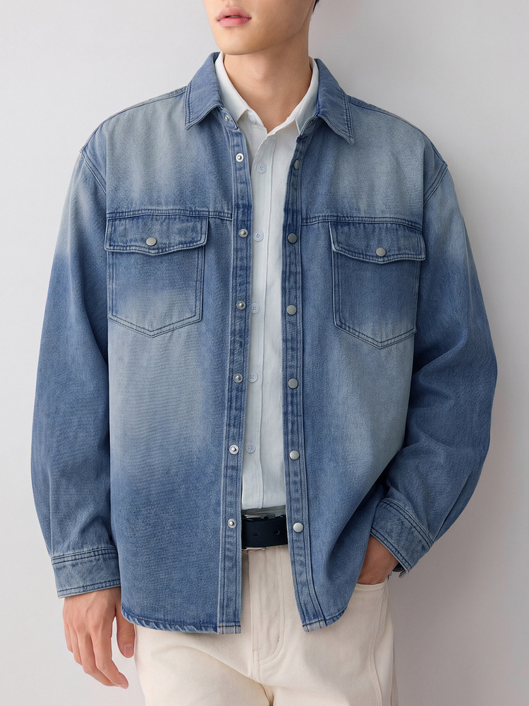 Áo sơ mi denim nam phong cách đường phố, hiệu ứng mài trắng làm cũ, hai túi ngực — Cao bồi xanh chi tiết 4