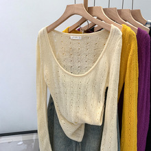 镂空低领薄款黄色长袖针织衫女装严选好物2025初秋新款韩版小上衣