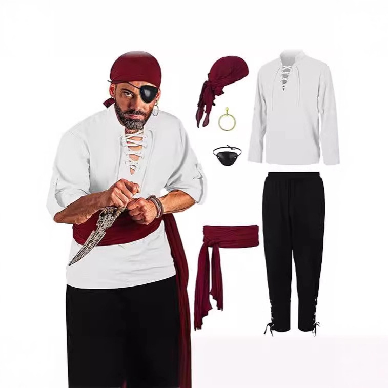 亚马逊万圣节男式海盗服装男式文艺复兴时期维京衬衫带状裤子头巾