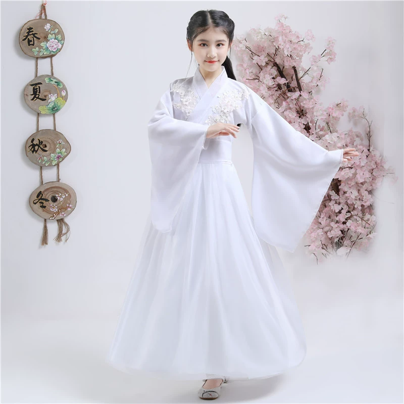 Детский древний костюм Hanfu Super Fairy для девочек, наряд феи, древняя одежда, наряд для выступлений Guzheng, легкая и струящаяся вуаль в китайском стиле.