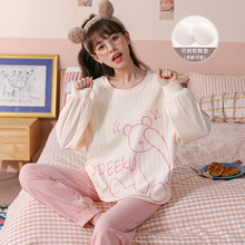 睡衣女秋冬季纯棉长袖带胸垫秋天韩版可爱大码家居服套装一件代发