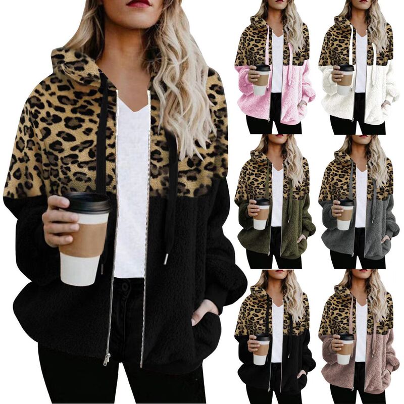 2022 Cross-Border Autumn and Winter Amazon Leopard Print Plaid Patchwork Zipper Jacket Plush Cardigan Sweatshirt Casual Style Long Sleeve
