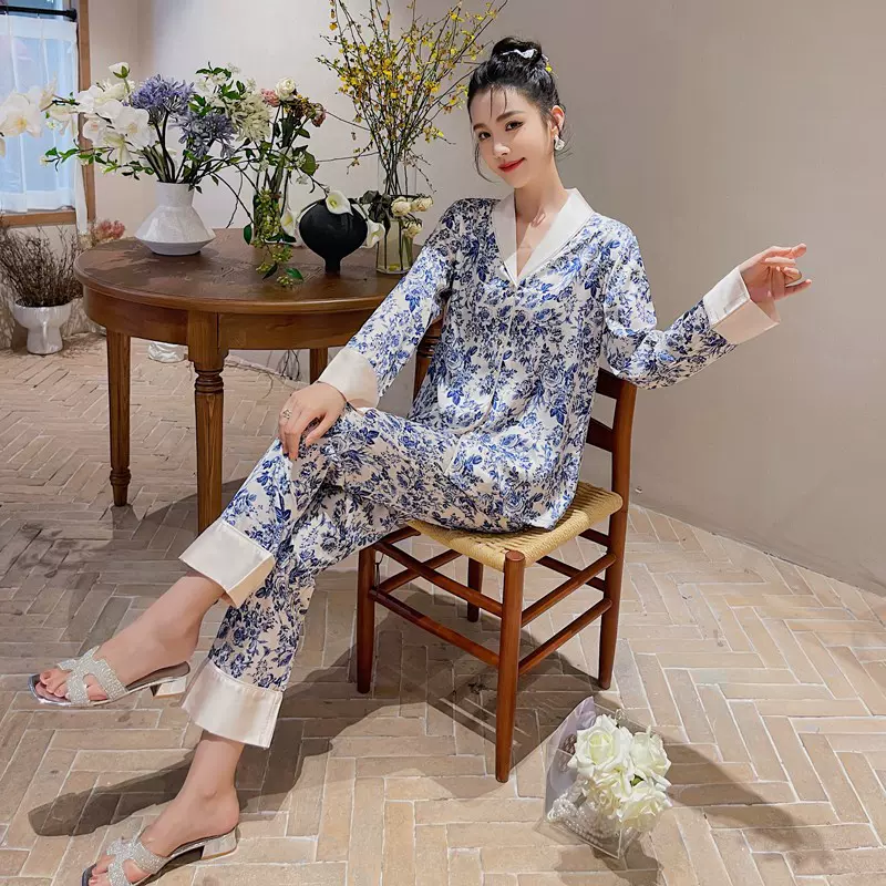 冰丝睡衣女2025年春秋季长袖长裤套装古风版开衫家居服古风新款