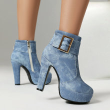 女短筒靴牛仔面料粗跟超高跟皮带扣侧拉链女及踝靴时尚马丁靴秋冬