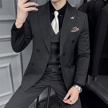 秋冬新款高品质男式西服套装含羊毛厚款双排扣西装三件套毛呢礼服