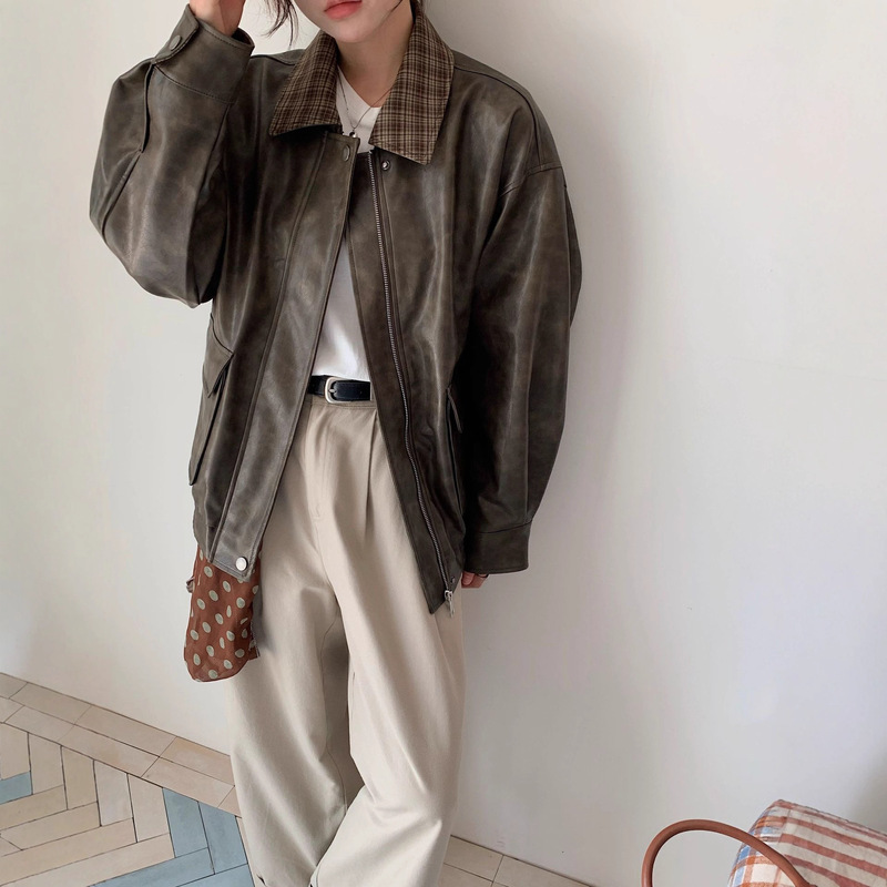 High-End Atmosphere Plaid Stitching Lapel Leather Jacket Spring and Autumn Women's Retro Korean Pocket Jacket Short Jacket