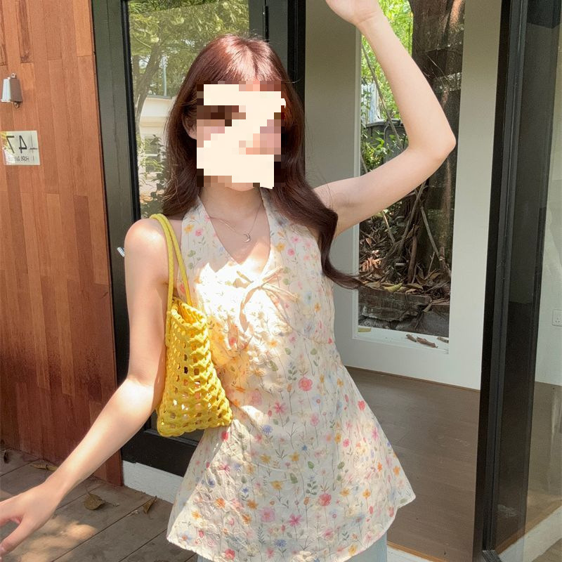 甜美设计感v领挂脖无袖背心吊带女夏季碎花刺绣衬衫小上衣跨境|undefined