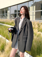 灰色明线西装外套女2025秋季新款设计感小众韩版宽松休闲百搭西服