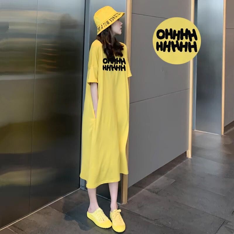 Summer Dress for Women, Long Letter-Print Short-Sleeve T-Shirt, Over-The-Knee Loose Korean Style Student New Dress 2026
