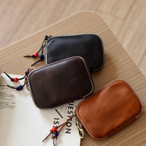 New vintage-style handcrafted vegetable-tanned leather key case, unisex, with zipper card holder and large capacity