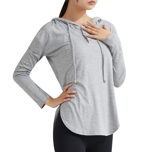 Quick-drying yoga and fitness hoodie t-shirt top, thin yoga top with long sleeves, yoga wear, fitness apparel.