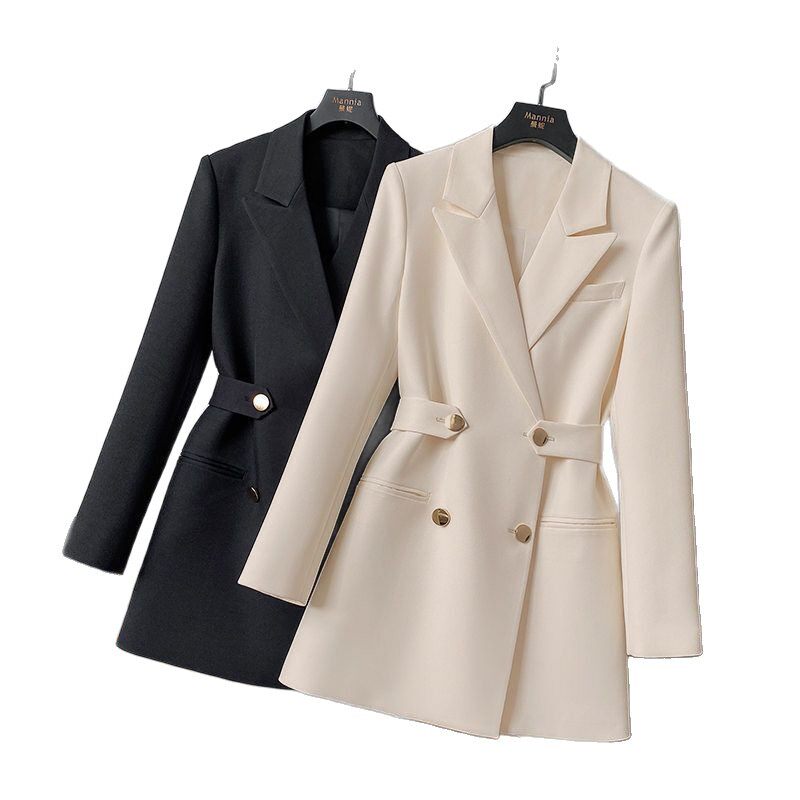 Áo blazer nữ dáng eo dài vừa, tay dài, đệm vai, cổ vest, phong cách thanh lịch — Màu trắng nhạt, màu đen, trắng, Bông mùa đông màu trắng nhạt