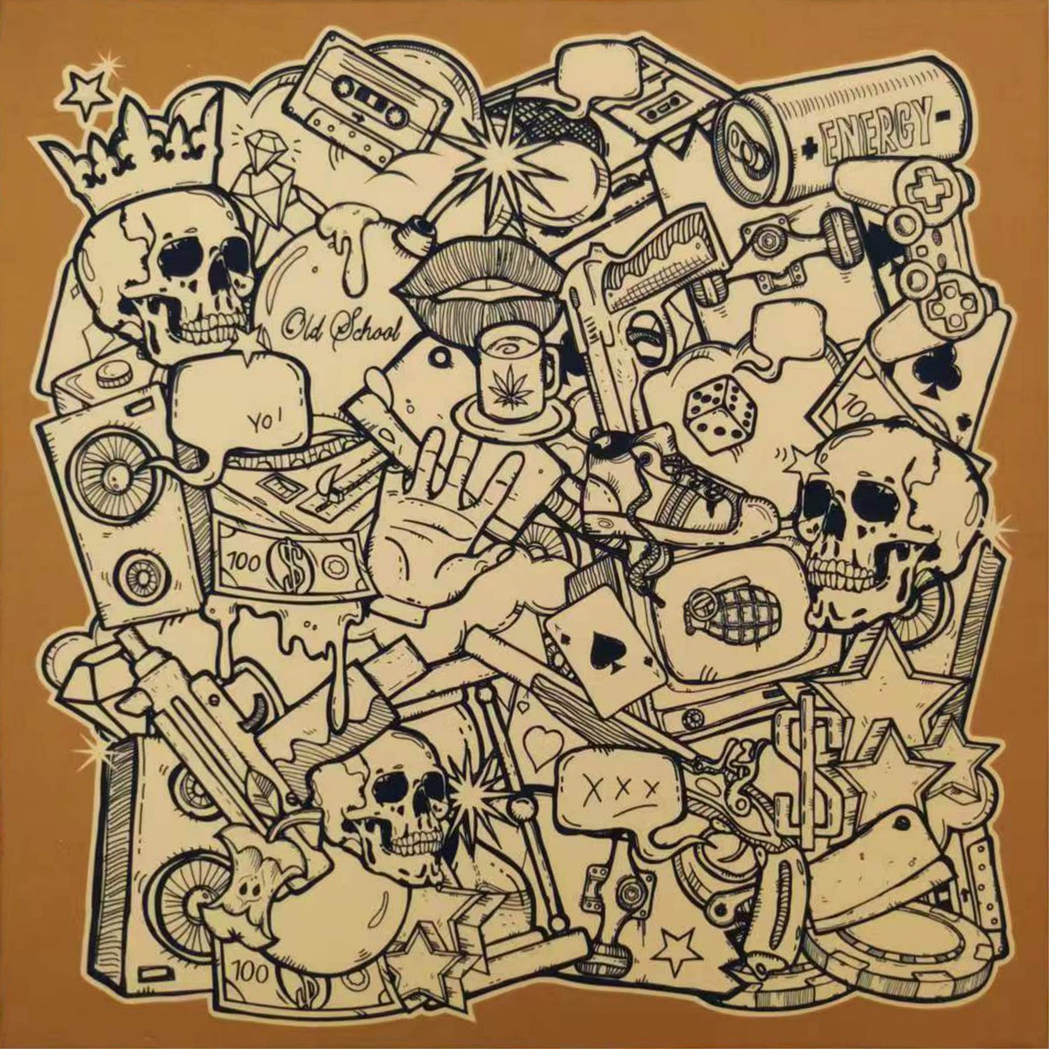 Cotton 55x55cm American retro print square scarf, skull head hip-hop street dance Halloween decorative headscarf