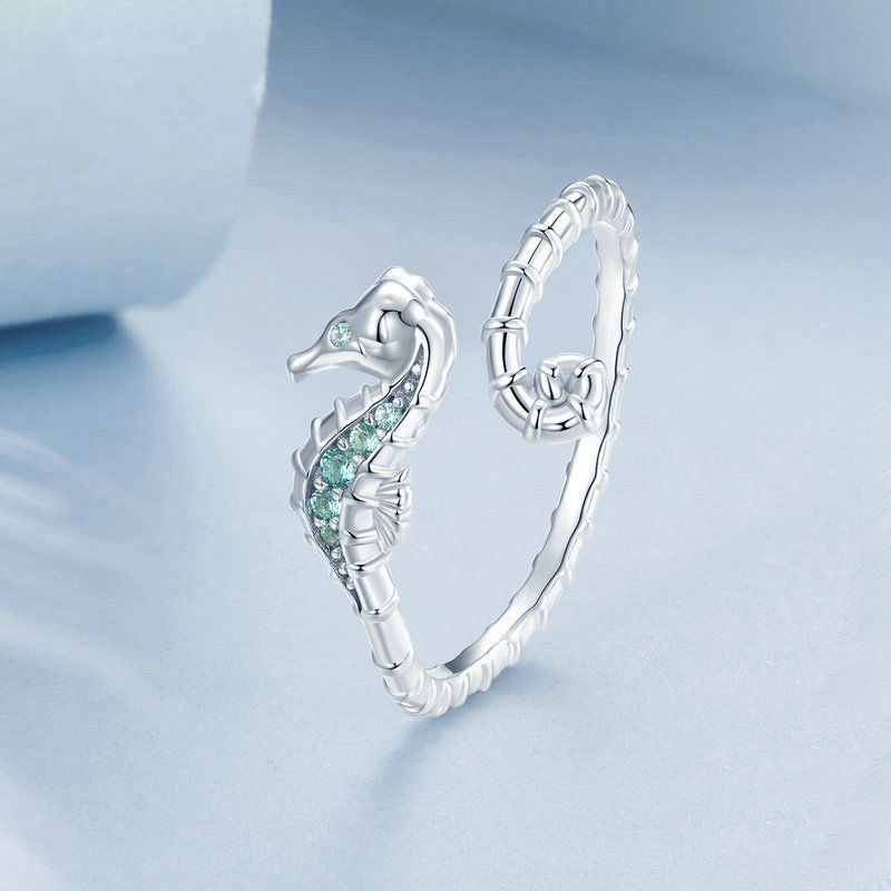 New Ocean Style Hippocampus Opening Ring Women's Green Zircon Smart Texture Fashion Elegant Animal Ring Wholesale