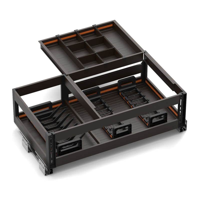 Cesta de extracción del gabinete de cocina tipo cajón de aleación de aluminio de tres capas en el bombeo de la canasta de platos