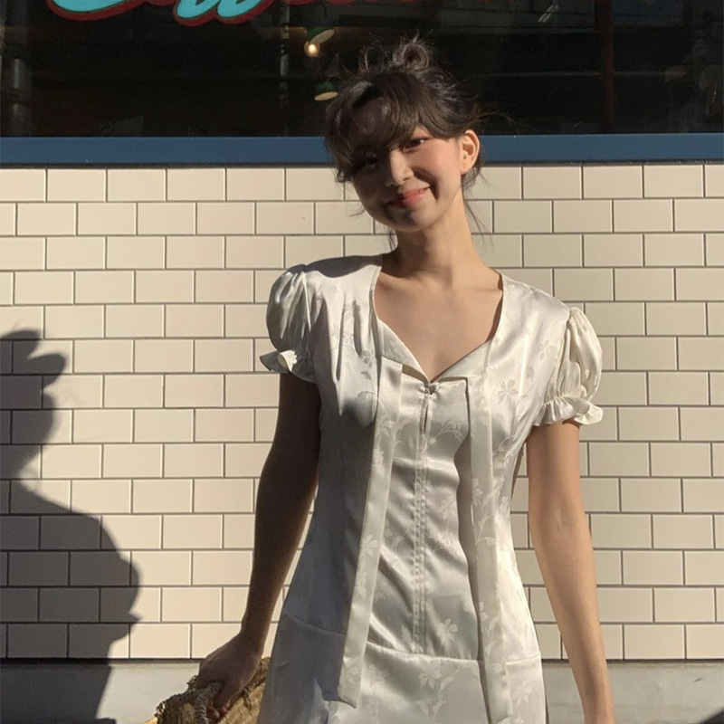 In-Stock Korean-Style Jacquard Dress, New Summer Dress, White Short Dress, Dongdaemun Style Women's Clothing